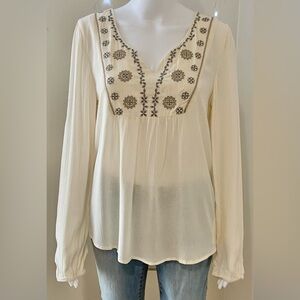 Women NWT Ivory Boho Blue Embroidered Long Sleeve Top Blouse